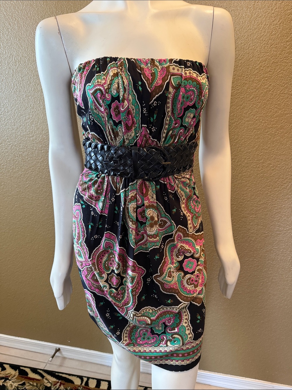 Y2K Vintage Jagger 100%Silk Strapless Black Paisley Print Dress